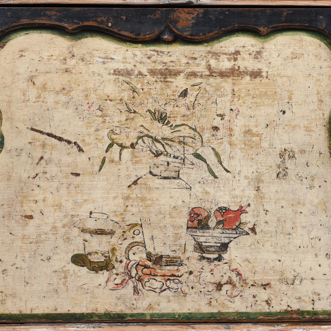 Detail Of Patina From Antique Chinese Sideboard With Hand-Painted Floral And Figurative Panels In A Distressed Natural Wood Frame