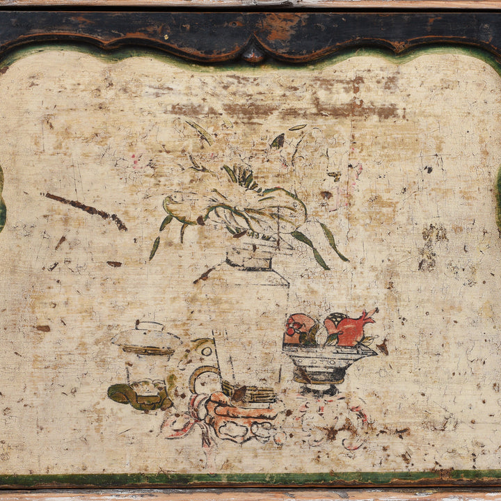 Detail Of Patina From Antique Chinese Sideboard With Hand-Painted Floral And Figurative Panels In A Distressed Natural Wood Frame