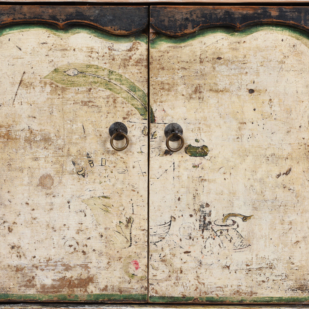 Paintwork Detail On Doors From Antique Chinese Sideboard With Hand-Painted Floral And Figurative Panels In A Distressed Natural Wood Frame