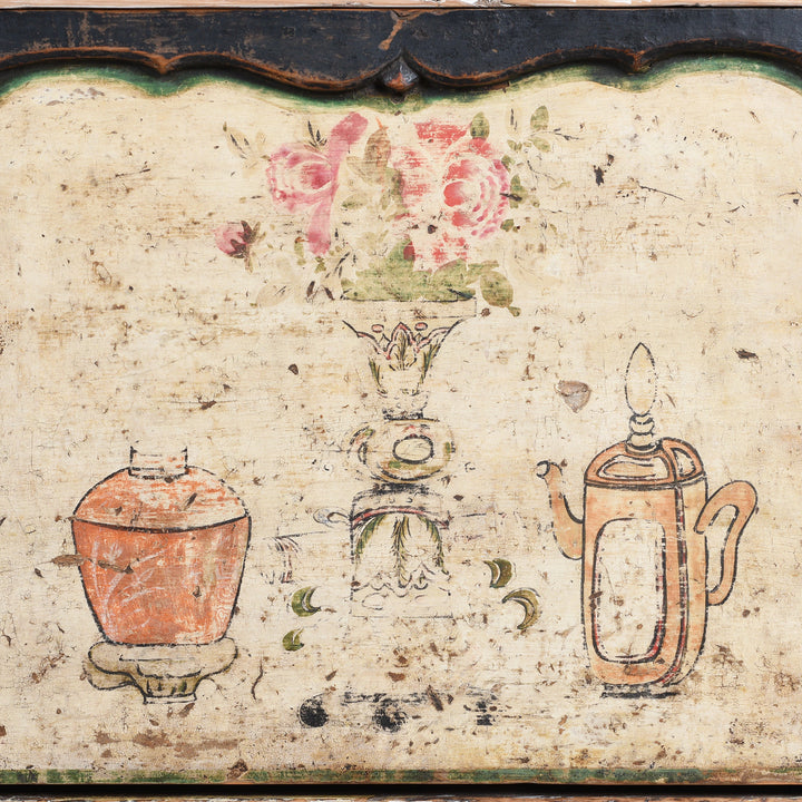 Paintwork Detail From Antique Chinese Sideboard With Hand-Painted Floral And Figurative Panels In A Distressed Natural Wood Frame