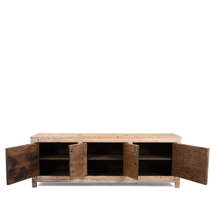 Interior View Of Shelving From Antique Chinese Sideboard With Hand-Painted Floral And Figurative Panels In A Distressed Natural Wood Frame