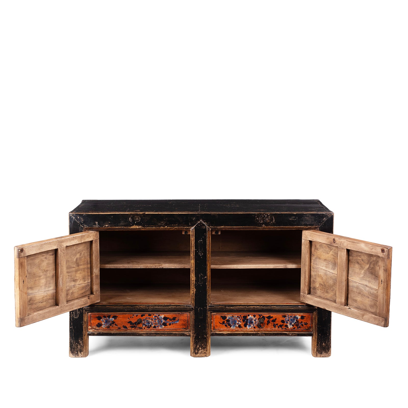 Vintage wooden cabinet with open doors on a white background