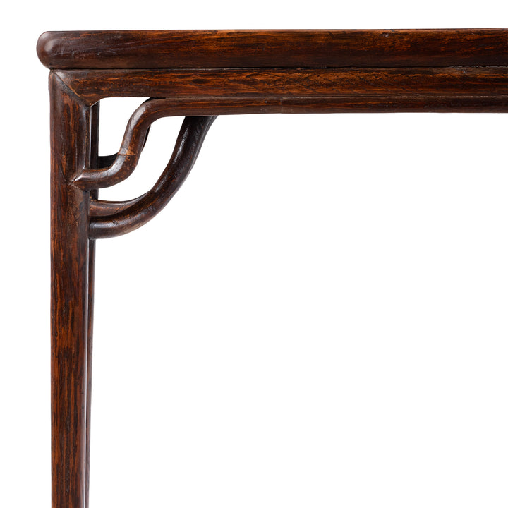 Corner Detail From 19th Century Chinese Poplar Altar Table From Hebei With Worn Burgundy Lacquer