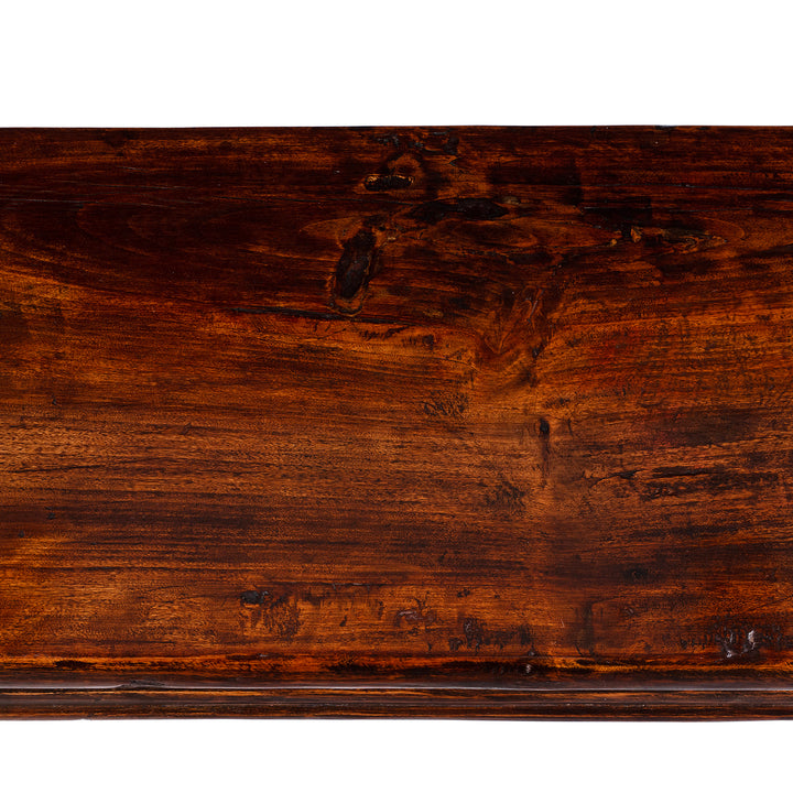 Surface Detail From 19th Century Chinese Poplar Altar Table From Hebei With Worn Burgundy Lacquer