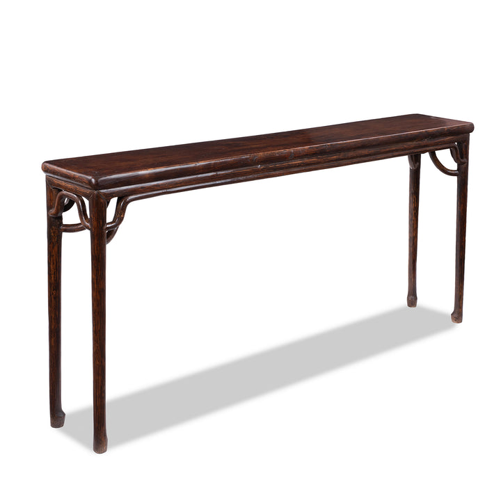 Angled View Of 19th Century Chinese Poplar Altar Table From Hebei With Worn Burgundy Lacquer