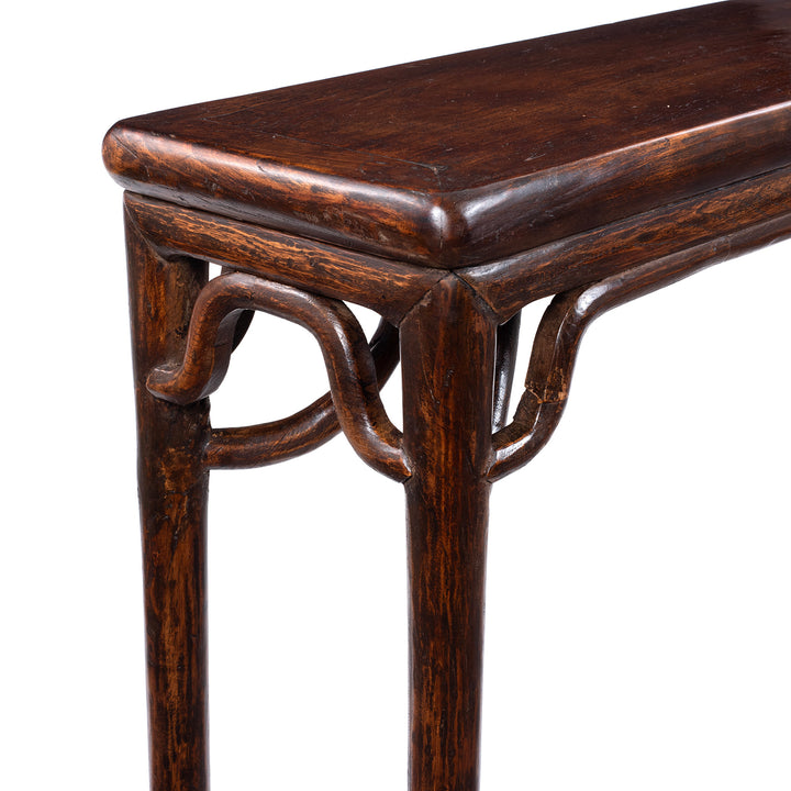 End Detail From 19th Century Chinese Poplar Altar Table From Hebei With Worn Burgundy Lacquer