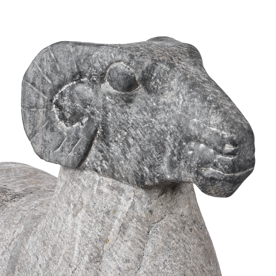 Angled Head Detail From Hand Carved Granite Ram From Hebei Province | Indigo Antiques