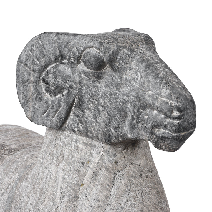 Angled Head Detail From Hand Carved Granite Ram From Hebei Province | Indigo Antiques