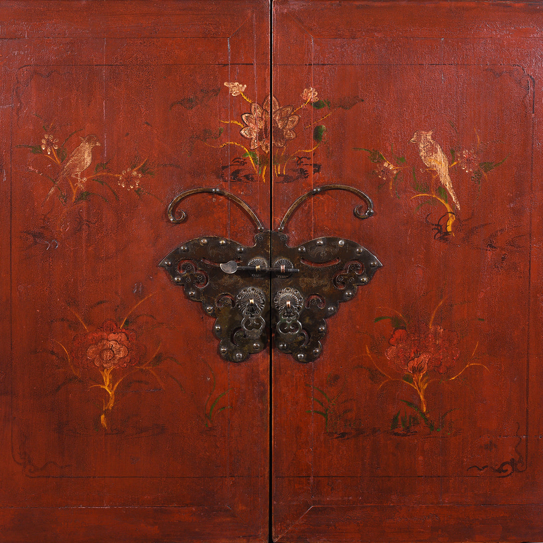 Doors From Red Lacquer Two Part Wedding Cabinet With Floral Motifs And Butterfly Lock From Zhejiang 19th Century