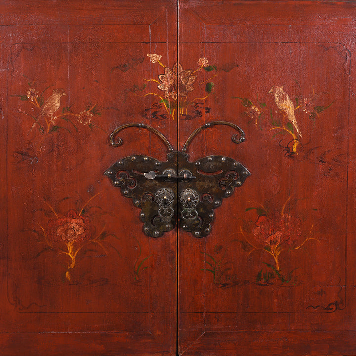 Doors From Red Lacquer Two Part Wedding Cabinet With Floral Motifs And Butterfly Lock From Zhejiang 19th Century