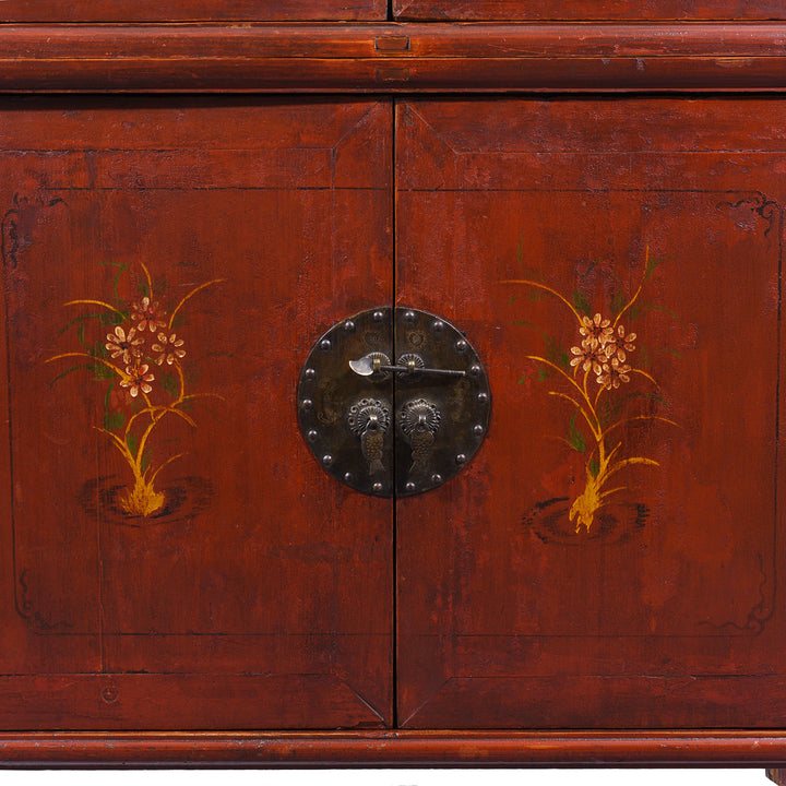 Close Up Of Iron Lock From Red Lacquer Two Part Wedding Cabinet With Floral Motifs And Butterfly Lock From Zhejiang 19th Century