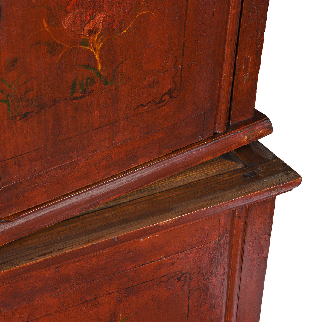 Stacking Detail From Red Lacquer Two Part Wedding Cabinet With Floral Motifs And Butterfly Lock From Zhejiang 19th Century