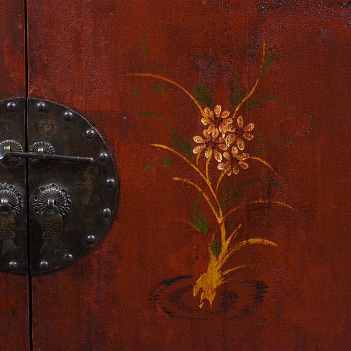 Paintwork Detail From Red Lacquer Two Part Wedding Cabinet With Floral Motifs And Butterfly Lock From Zhejiang 19th Century