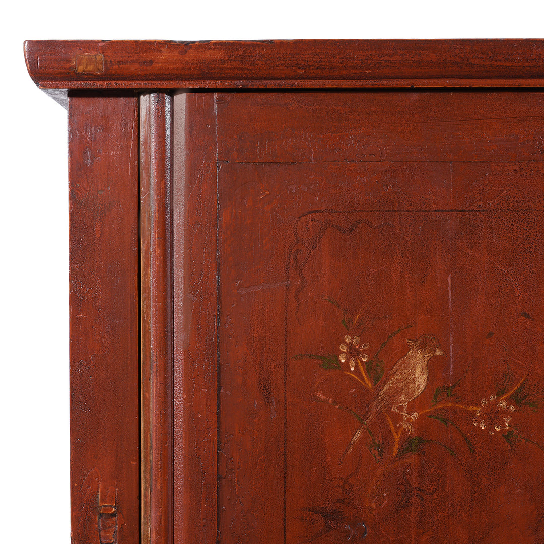 Corner Detail From Red Lacquer Two Part Wedding Cabinet With Floral Motifs And Butterfly Lock From Zhejiang 19th Century