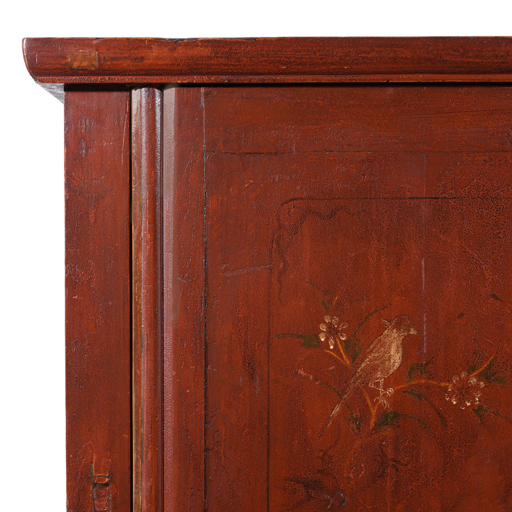 Corner Detail From Red Lacquer Two Part Wedding Cabinet With Floral Motifs And Butterfly Lock From Zhejiang 19th Century