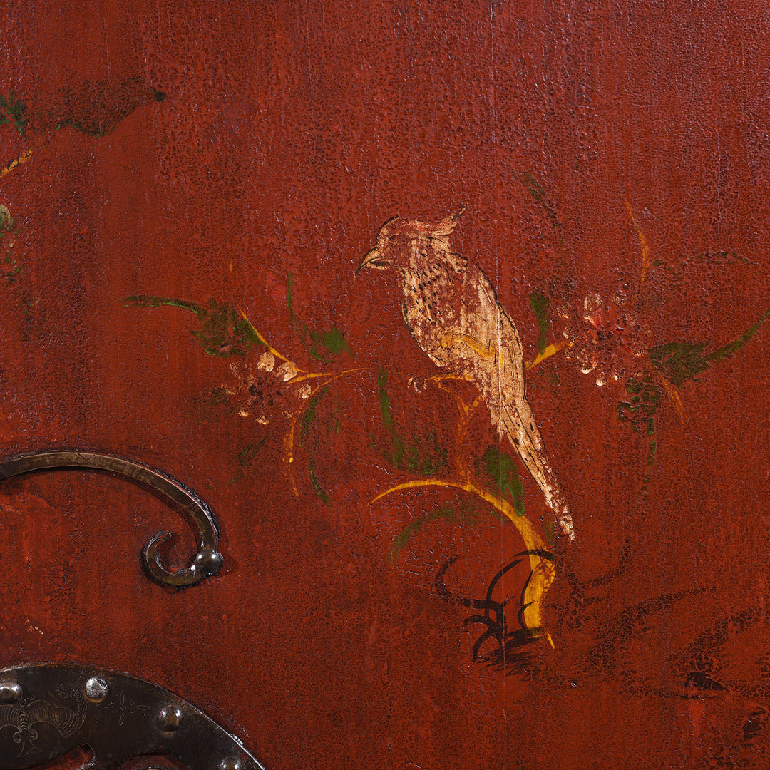 Motif Detail From Red Lacquer Two Part Wedding Cabinet With Floral Motifs And Butterfly Lock From Zhejiang 19th Century
