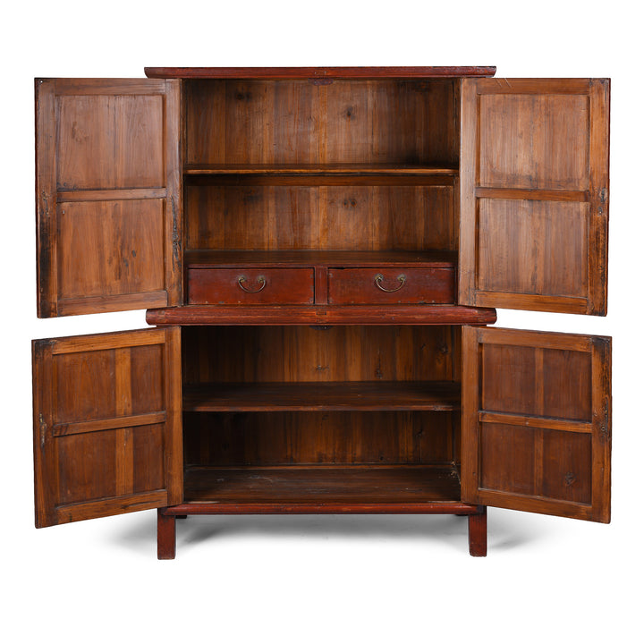 Internal View Of Red Lacquer Two Part Wedding Cabinet With Floral Motifs And Butterfly Lock From Zhejiang 19th Century