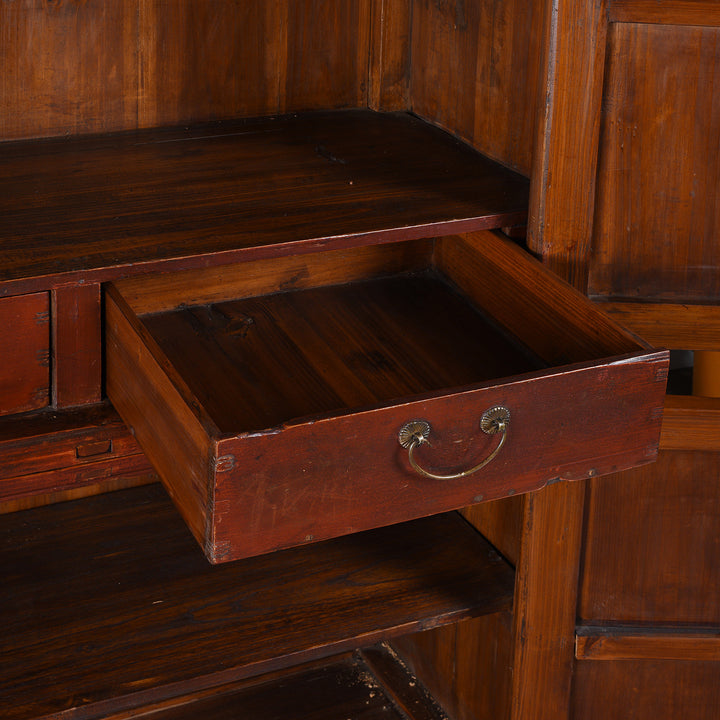 Drawer Detail Of Red Lacquer Two Part Wedding Cabinet With Floral Motifs And Butterfly Lock From Zhejiang 19th Century