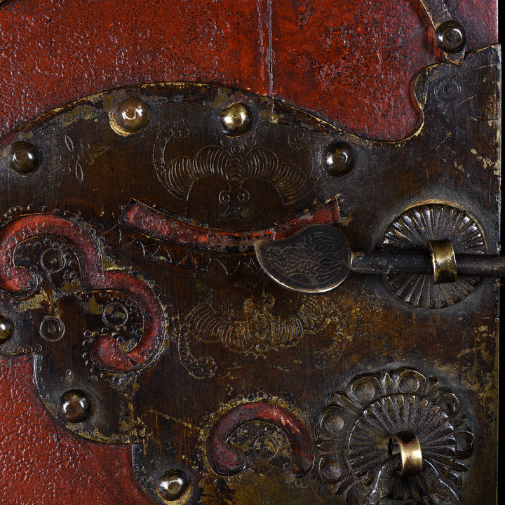 Ironwork Detail From Red Lacquer Two Part Wedding Cabinet With Floral Motifs And Butterfly Lock From Zhejiang 19th Century