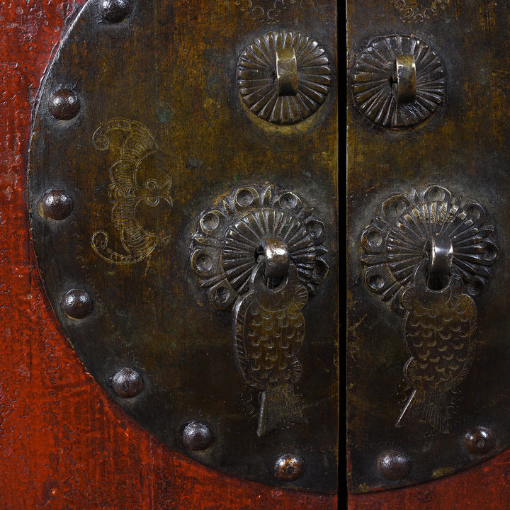 Handle Detail From Red Lacquer Two Part Wedding Cabinet With Floral Motifs And Butterfly Lock From Zhejiang 19th Century