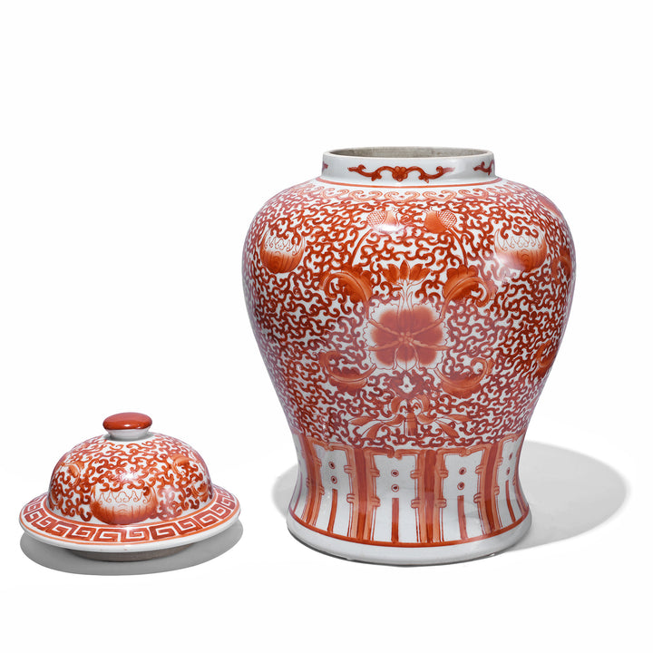 Lid Off View Of Reproduction Porcelain Temple Jar -  Kangxi Orange | Indigo Antiques