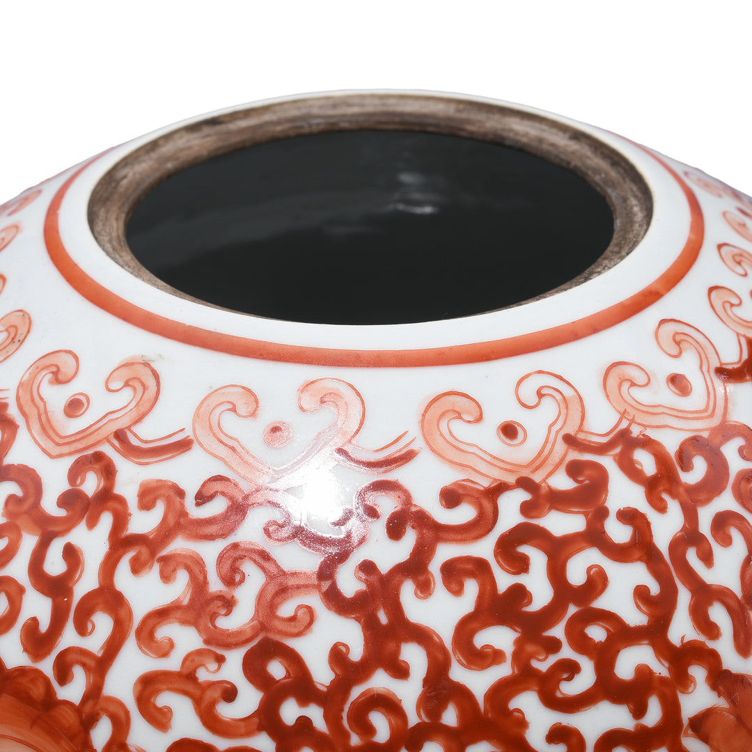 Rim Detail From Porcelain Tall Rice Jar - Kangxi Orange Design | Indigo Antiques