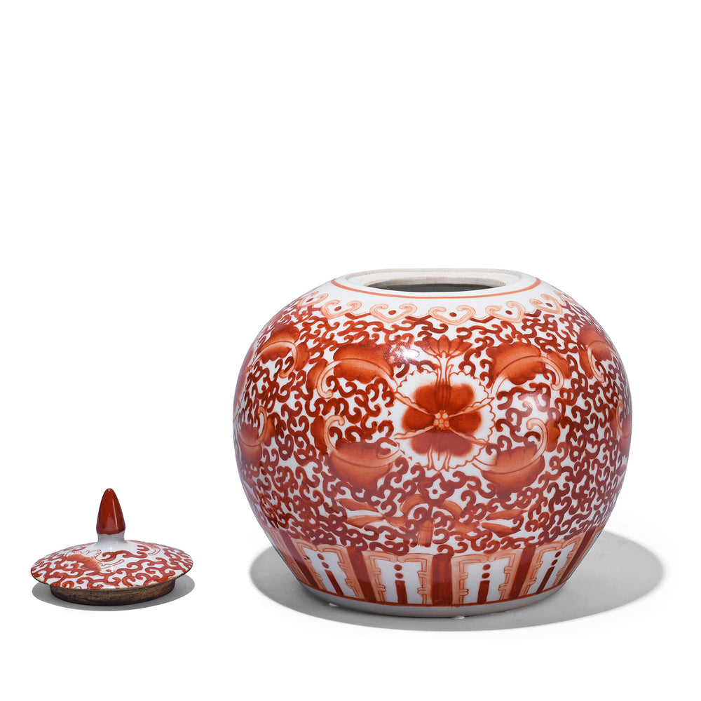 Lid Off View Of Reproduction Porcelain Rice Jar - Kangxi Orange Design | Indigo Antiques