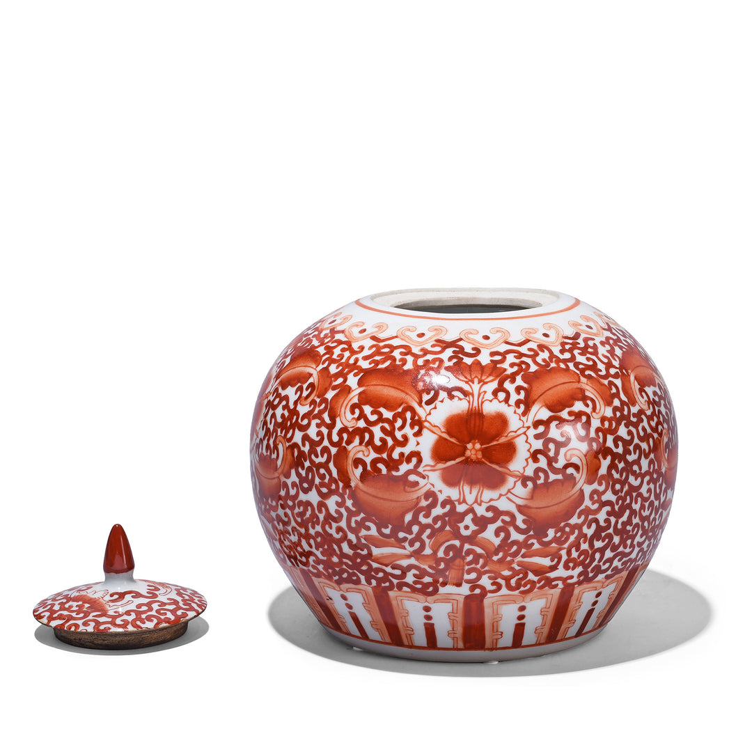 Lid Off View Of Reproduction Porcelain Rice Jar - Kangxi Orange Design | Indigo Antiques