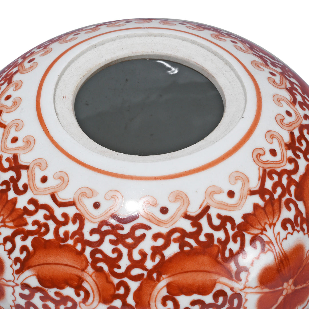 Interior Of Reproduction Porcelain Rice Jar - Kangxi Orange Design | Indigo Antiques