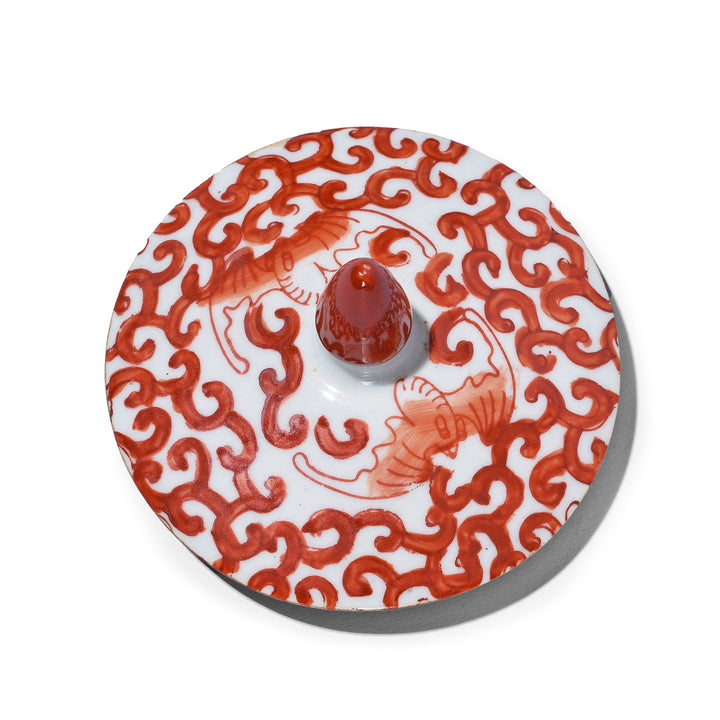 Lid Detail From Reproduction Porcelain Rice Jar - Kangxi Orange Design | Indigo Antiques