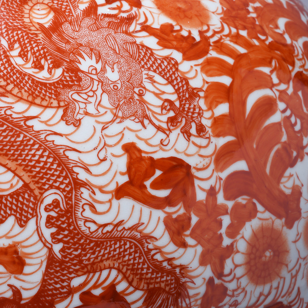 Drago Detail From Large Orange Glaze Porcelain Dragon Vase | Indigo Antiques