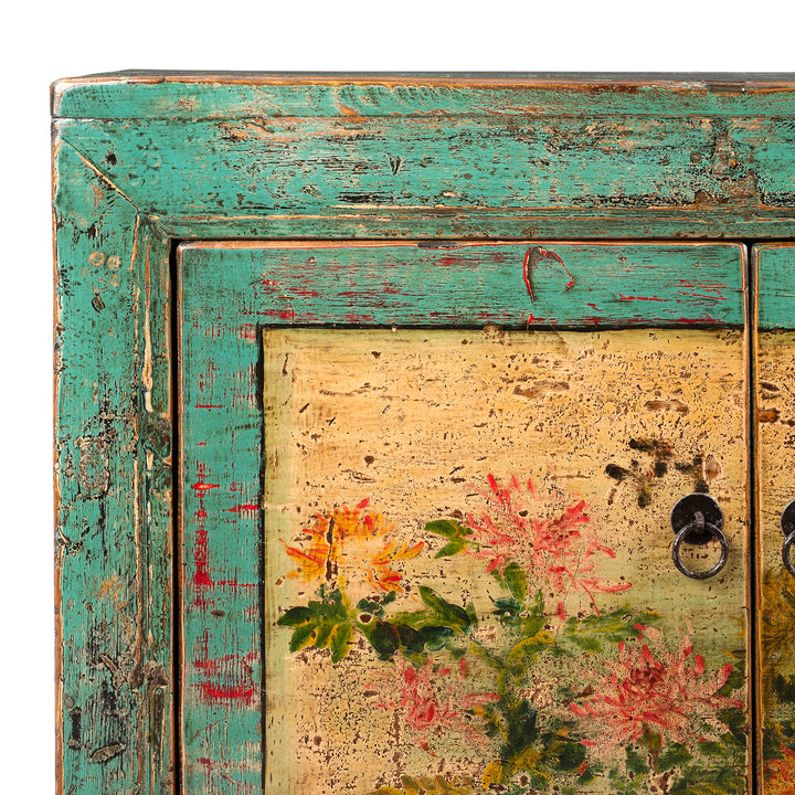 Corner Detail From Vintage Mint Painted Floral Sideboard From Shanxi | Indigo Antiques