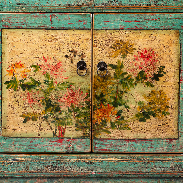 Painted Floral Door Detail From Vintage Mint Painted Floral Sideboard From Shanxi | Indigo Antiques 