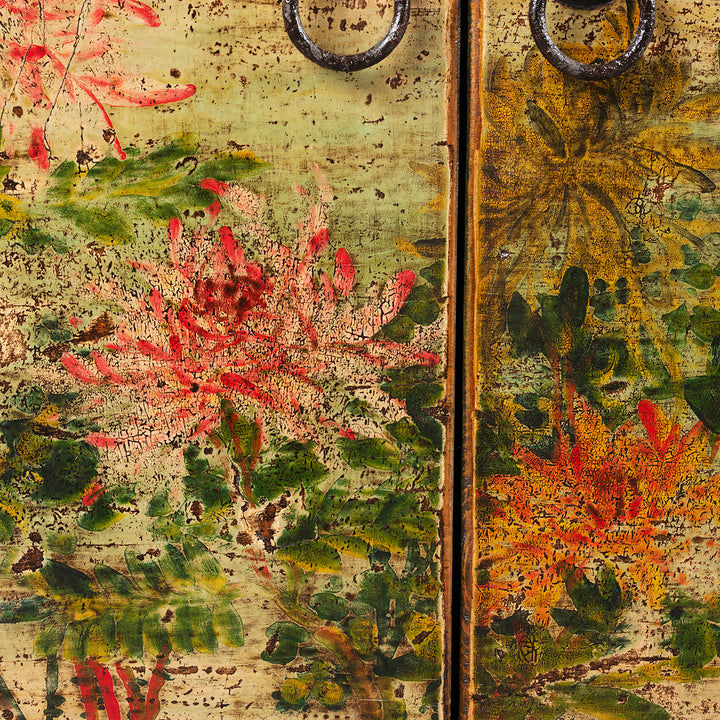 Floral Painting Detail From Vintage Mint Painted Floral Sideboard From Shanxi | Indigo Antiques