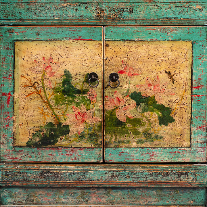 Painted Floral Door Detail From Vintage Mint Painted Floral Sideboard From Shanxi | Indigo Antiques