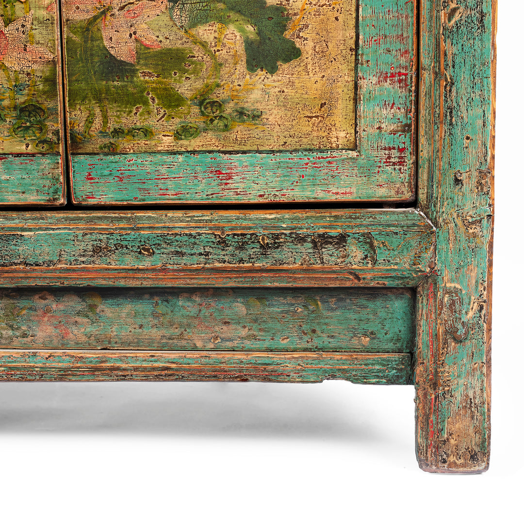 Leg Detail From Vintage Mint Painted Floral Sideboard From Shanxi | Indigo Antiques