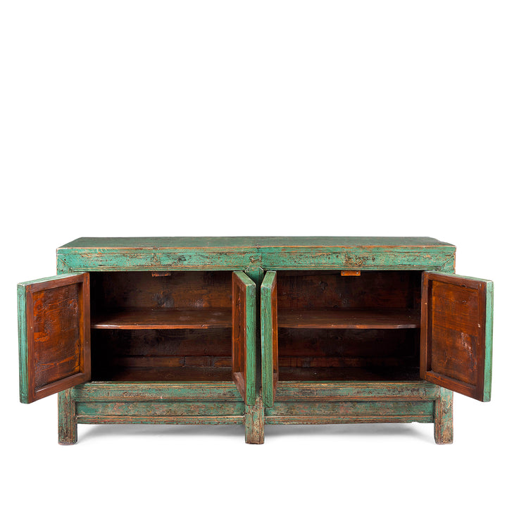 Open Doors View Showing Interior Of Vintage Mint Painted Floral Sideboard From Shanxi | Indigo Antiques 