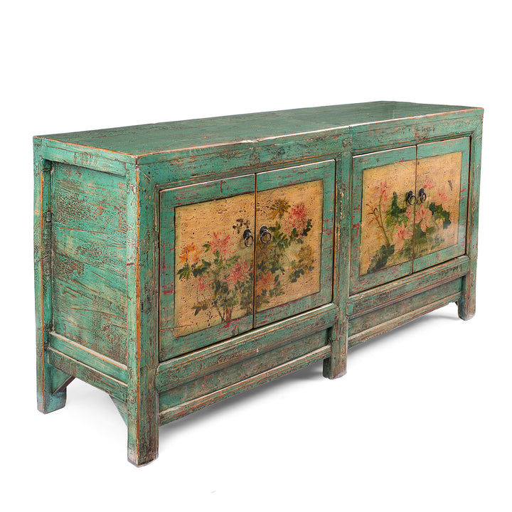 Angled View Of Vintage Mint Painted Floral Sideboard From Shanxi | Indigo Antiques