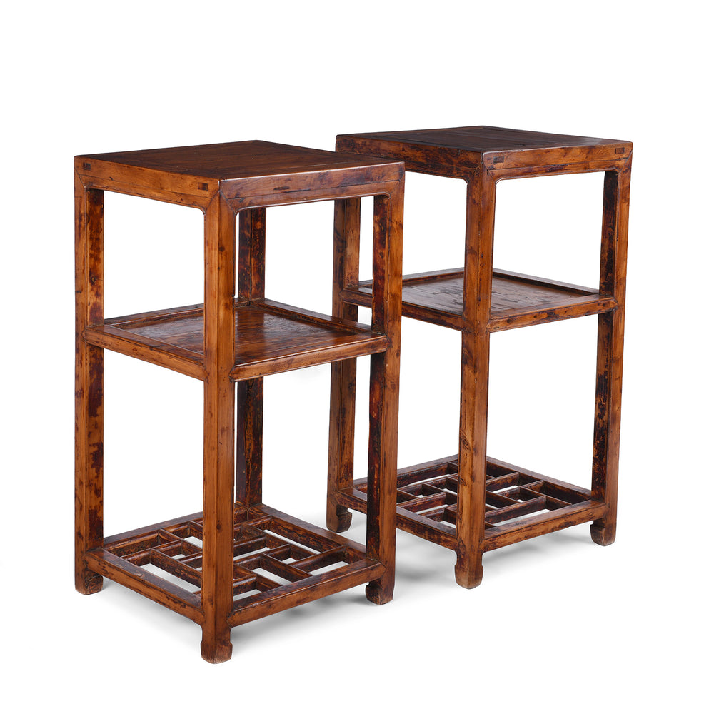 V1 & V2 19th Century Chinese Baimu Cypress Flower Stands With Shelf From Jiangsu Province Antique Furniture