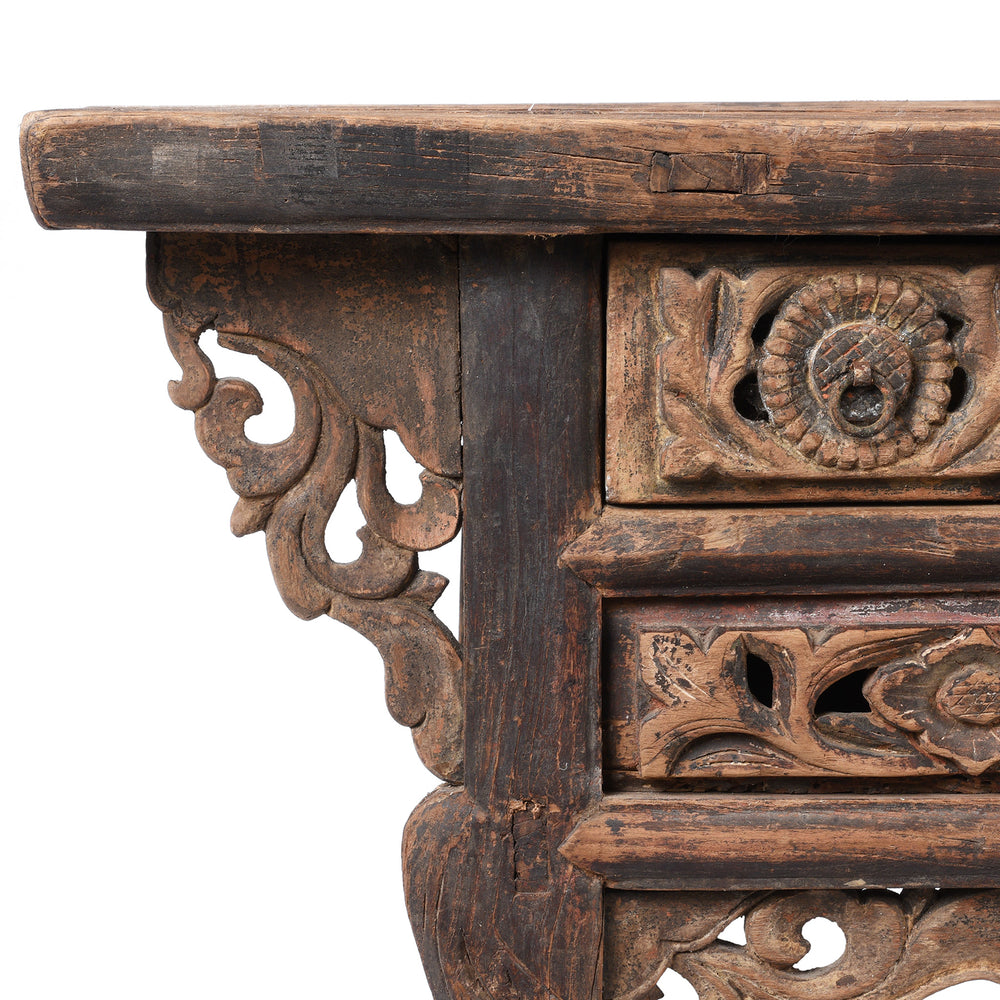Corner Detail Displaying Carving From Antique Chinese Kang Table From Shanxi | Indigo Antiques