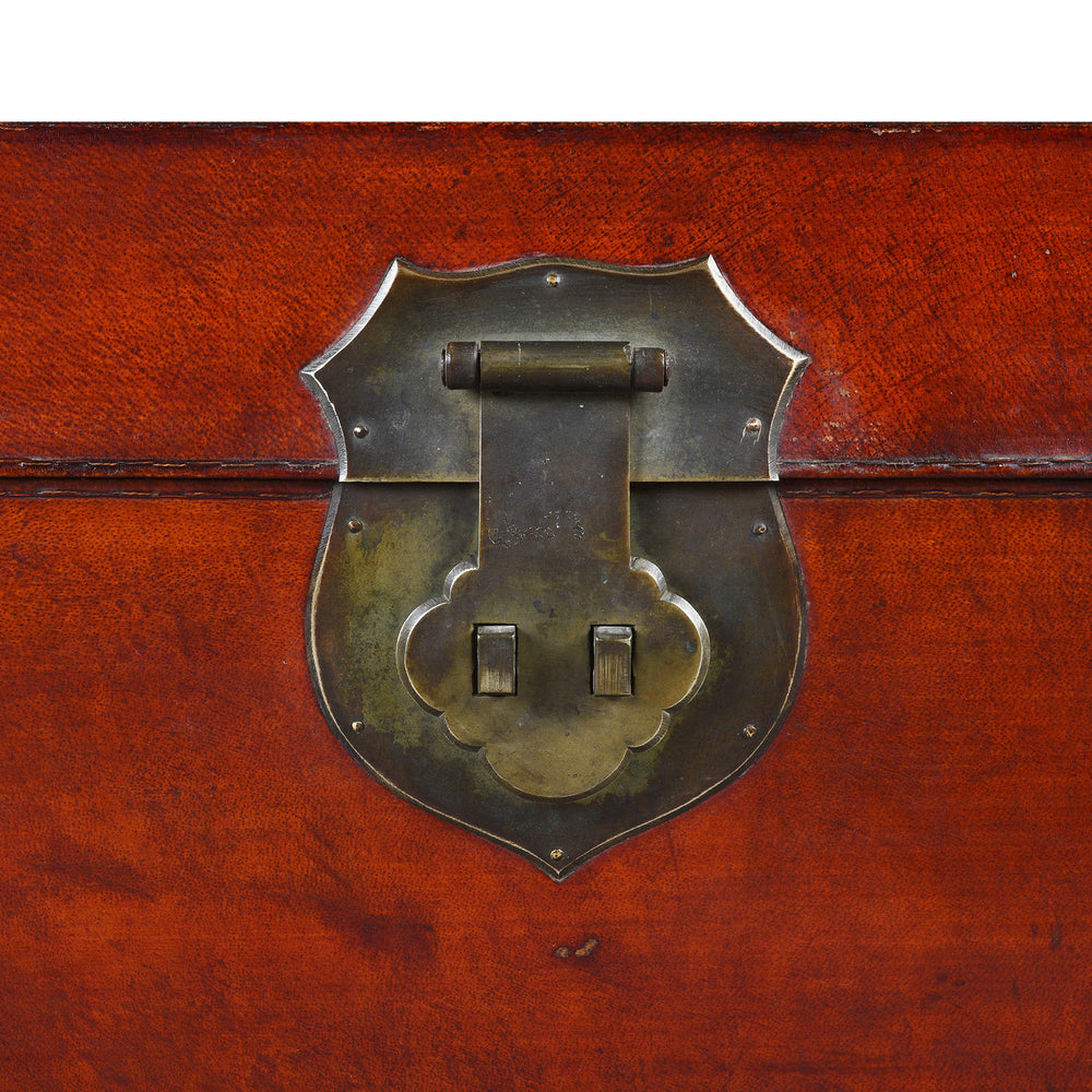 Locking Plate Detail From Anique Tan Leather Camphor Trunk From Shanghai | Indigo Antiques