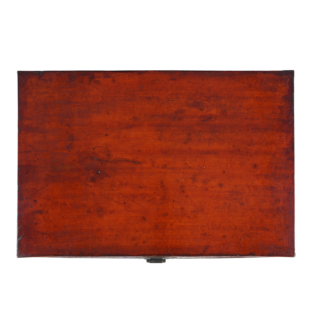 Top Down View Of Anique Tan Leather Camphor Trunk From Shanghai | Indigo Antiques