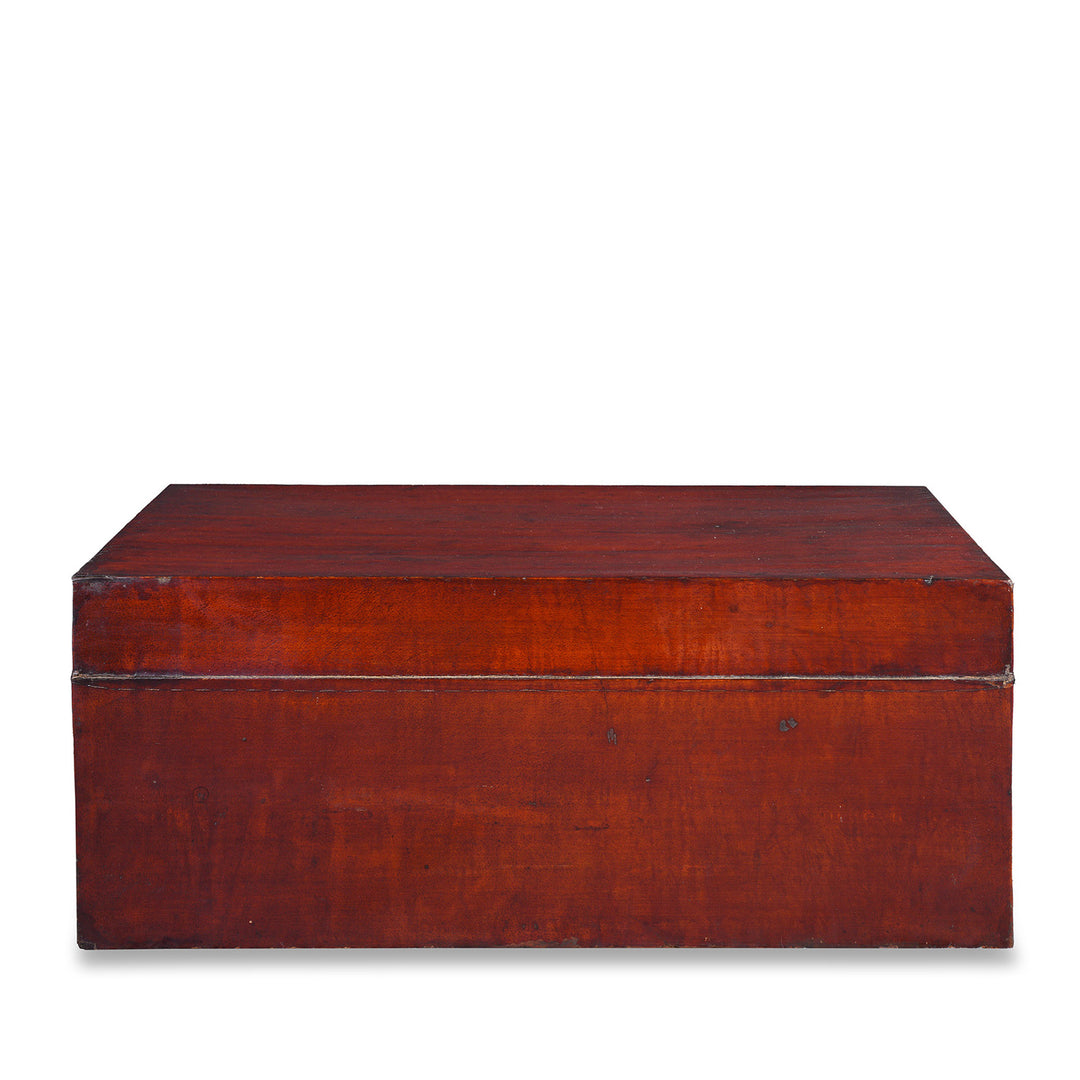 Back Of Anique Tan Leather Camphor Trunk From Shanghai | Indigo Antiques