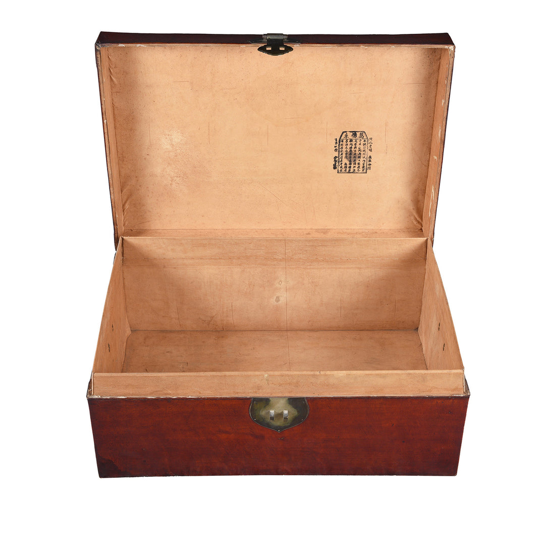 Interior Of Anique Tan Leather Camphor Trunk From Shanghai | Indigo Antiques