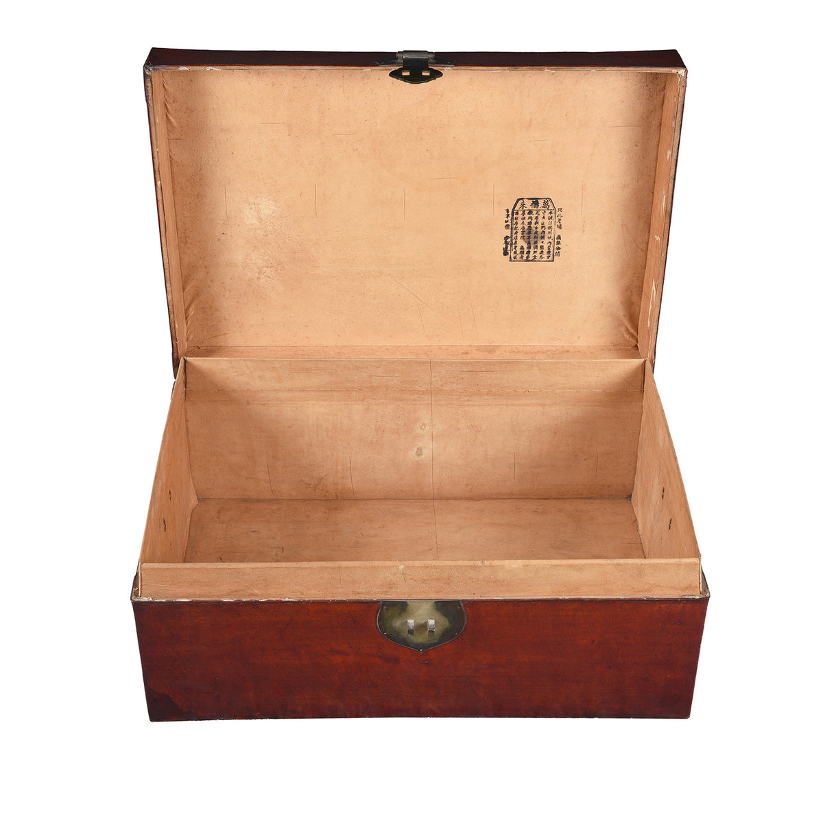 Interior Of Anique Tan Leather Camphor Trunk From Shanghai | Indigo Antiques
