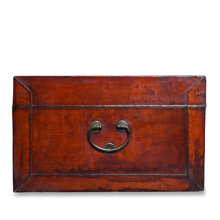 Side View Of Anique Tan Leather Camphor Trunk From Shanghai | Indigo Antiques