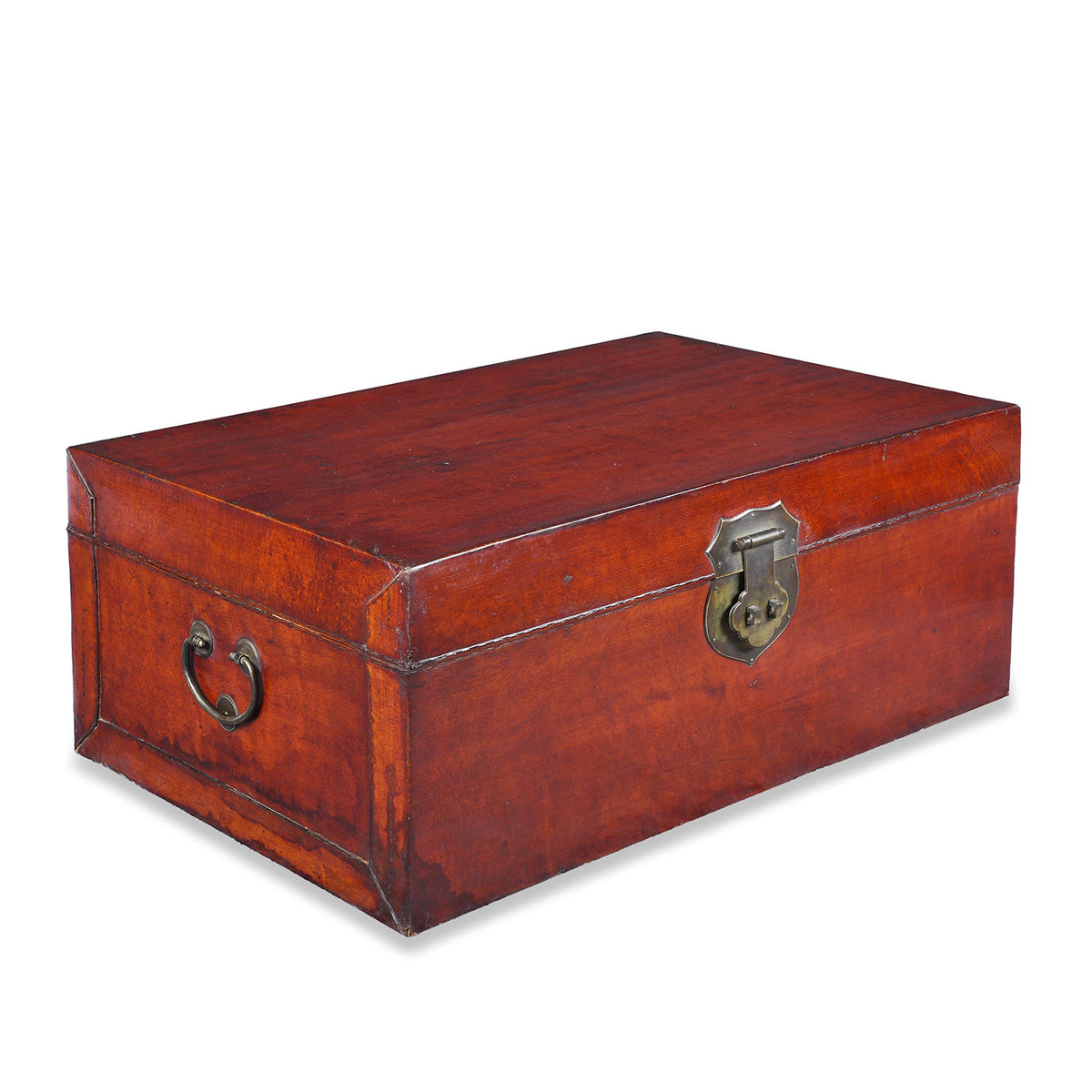 Angled View Of Anique Tan Leather Camphor Trunk From Shanghai | Indigo Antiques
