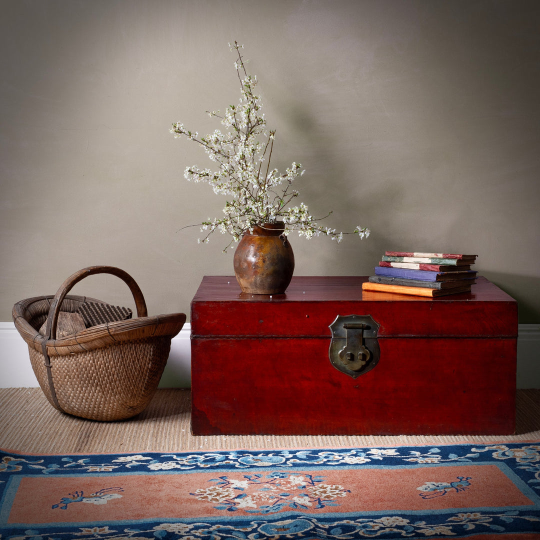 Lifestyle Of Anique Tan Leather Camphor Trunk From Shanghai | Indigo Antiques