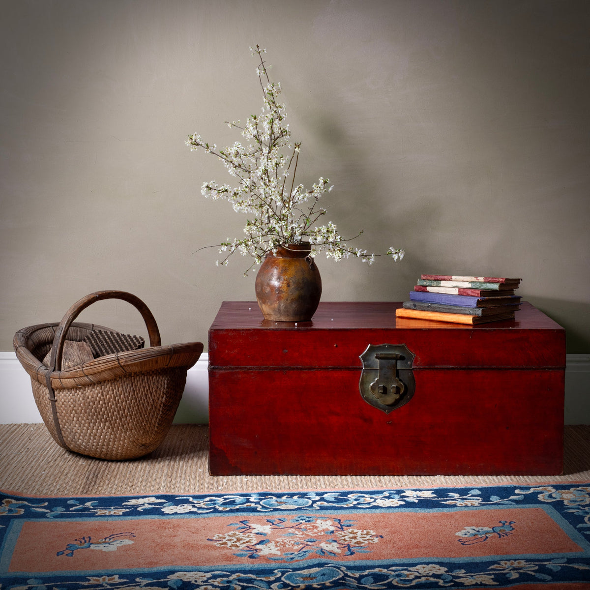 Lifestyle Of Anique Tan Leather Camphor Trunk From Shanghai | Indigo Antiques