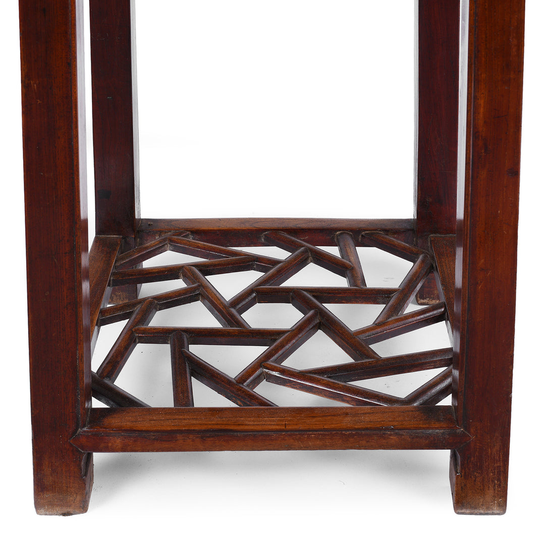 Shelf Detail From Option 1 19th Century Chinese Red Elm Flower Stand From Jiangsu With Drawer And Cracked Ice Lattice Shelf